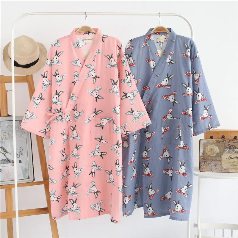 New Cotton Double Gauze Bathrobe Cartoon Rabbit Summer Thin Robe Home Leisure Pajamas Kimono Bath Long Sheer Robes