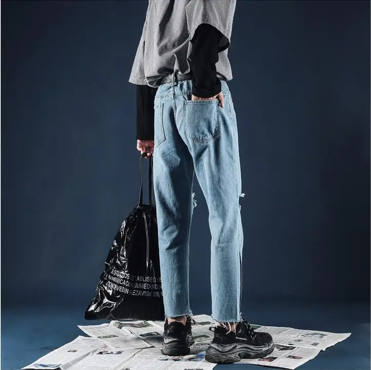 Весенние новые девять точек брюки с дырками, Мужская Корейская версия свободного тренда молодых красивых джинсов, красивый
