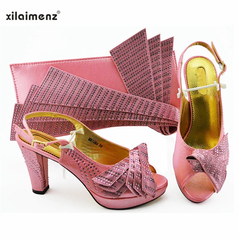 

2019 New Design Handmade Pink Color Rhinestones Nigerian Shoes With Matching Bag Set Open Toe with Dress for Royal Wedding