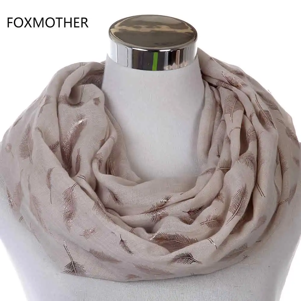 Beige Gold FOXMOTHER модные женские белые темно-синие желтые бронзовые фольга Серебряное перо кольцо шарфы шейный шарф блестящий платок - Цвет: Beige Gold