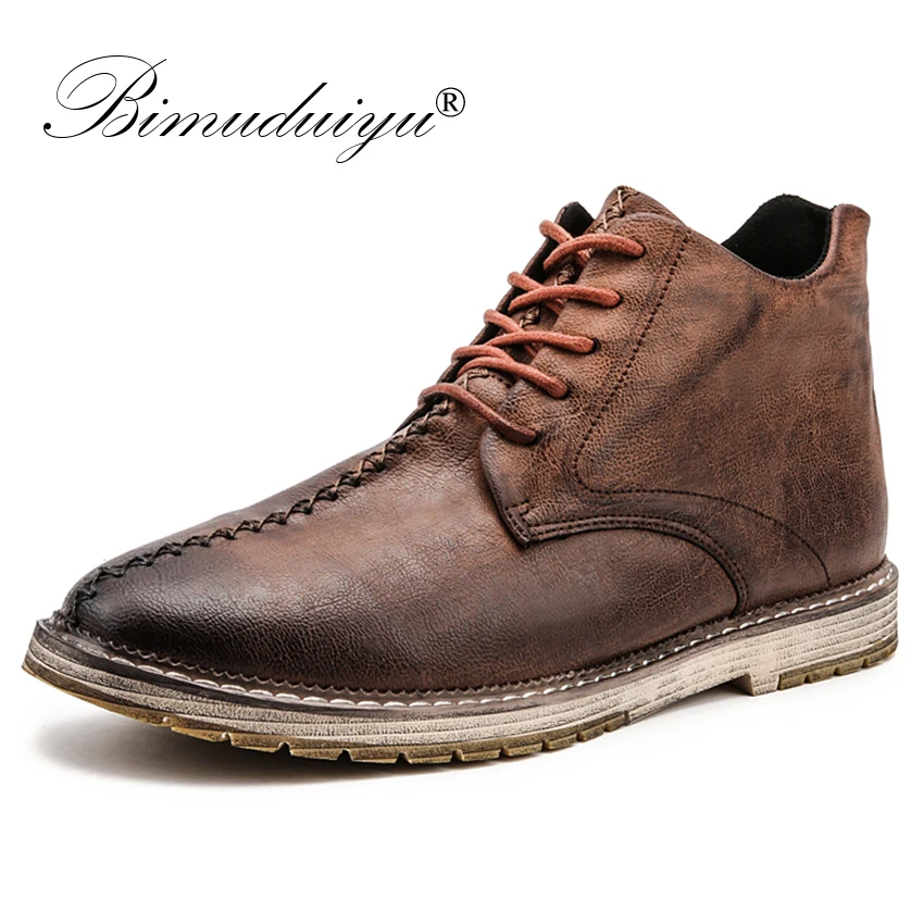 

BIMUDUIYU Fashion Autumn Mens Retro Leather Boots Waterproof British Men Boots Comfortable Quality Handmade Ankle Boots