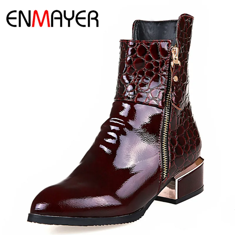 Ceny ENMAYER buty na kwadratowym obcasie kobieta Pointed Toe buty damskie Plus rozmiar 34 42 botki dla kobiet buty motocyklowe zamki do butów