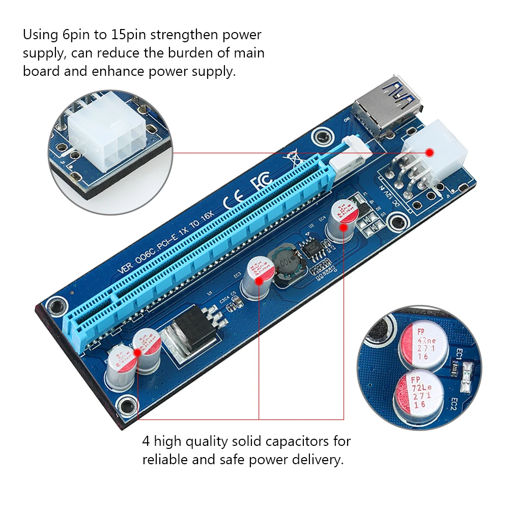 6-Pack мульти-интерфейс PCI-E 6pin Powered стояка адаптера 1x к 16x талии доска с 23.6in USB3.0 кабель-удлинитель