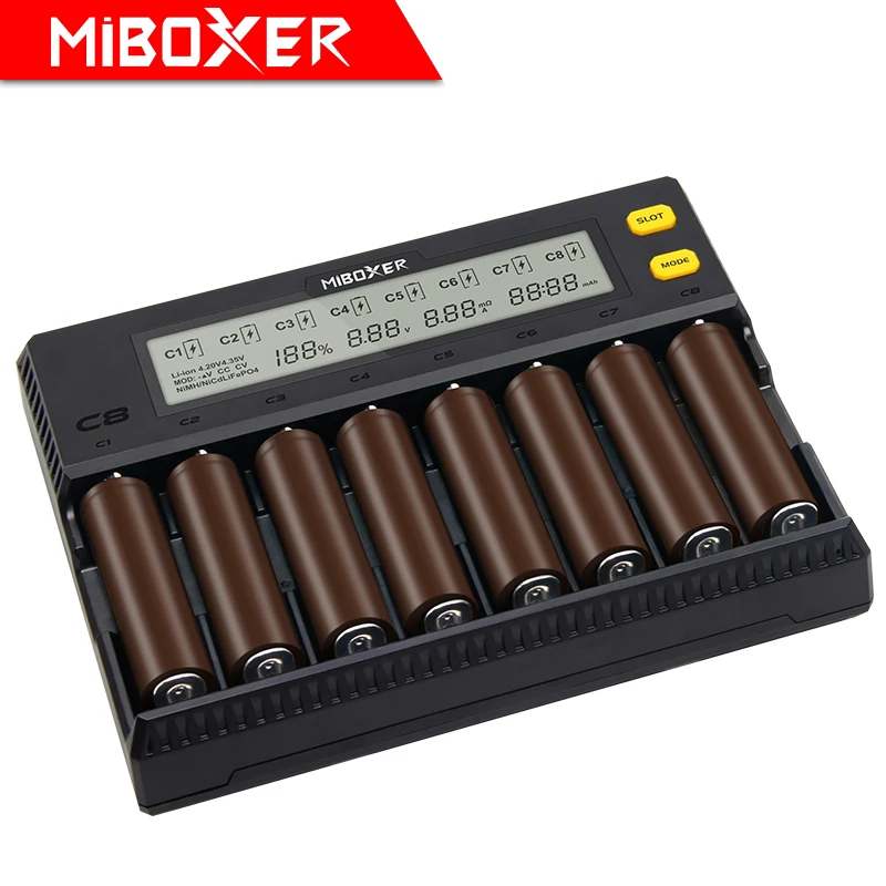 Miboxer Smart Battery Charger Universal Intelligent 4 Slot Automatic LCD Display for Li-ion LiFePO4 Ni-MH Ni-Cd AA AAA C 18350 17670 18700 RCR123 Fire Prevention Material