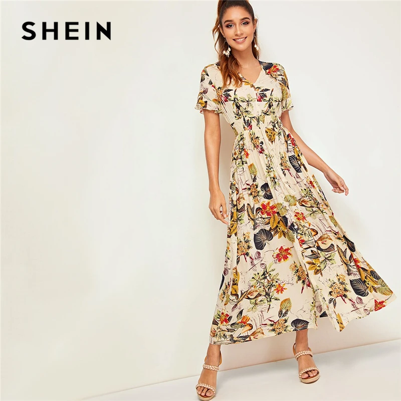 Skup SHEIN nadruk roślinny Tropical Shirred talia guzik przód sukienka 2019 Boho kobiety morela wzburzyć krawat przód V Neck letnia sukienka