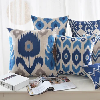 

Linen Pillow Cover Home decorative Cushion Cover Ikat Blue Grey Rhombus Abstract Geometric Pillow Case 45cm*45cm