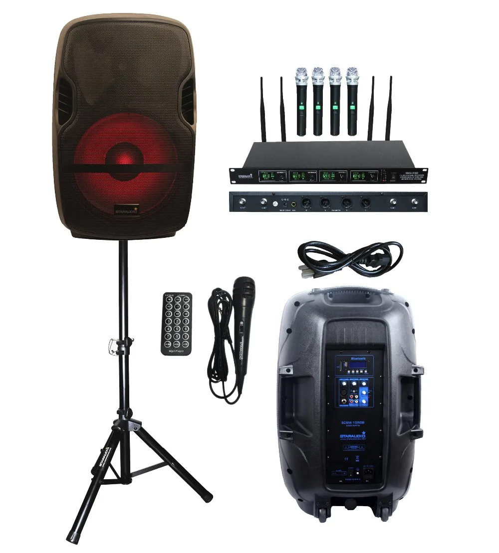 

STARAUDIO 15inch 2000W SCSM-15RGB Portable PA DJ Stage Karaoke Powered Active BT SD MP3 USB Speaker With LED Light Stand 4CH MIC