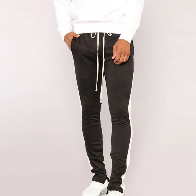 Fashion Striped Solid Pants Men Skinny Drawstring Long Trousers Men Casual Sport Streetwear Breathable Slim Gay Joggers Men