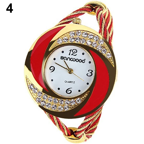 Fashion Women Round Crystal Rhinestone  Decorated Bangle Cuff Analog Quartz Bracelet Watch