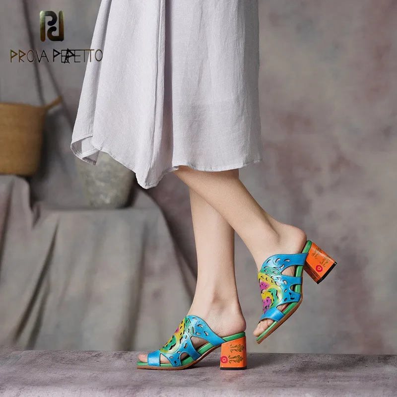 

Prova perfetto 2019 Original Brand Retro Woman Sandals Peep Toe Fashion Colorful Real Leather Thick Heels Ethnic Unique Sandals