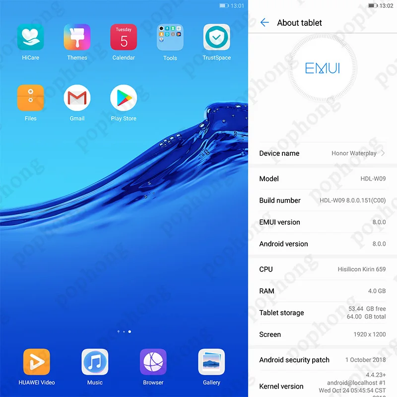 huawei Honor Waterplay, 8,0 дюймов, 4 ГБ, 64 ГБ, планшетный ПК, Kirin 659, четыре ядра, Android 8,0, поддержка type-C, OTG, отпечаток пальца