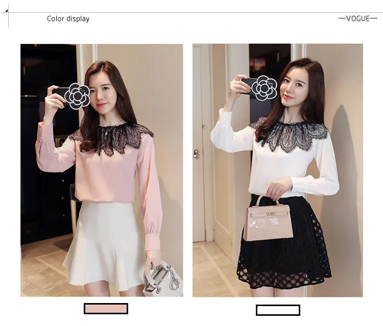 2019 New Autumn Tops Women Fashion Lace Patchwork Blouses Casual Long Sleeve Chiffon Blusas Mujer Pink White Shirt Female (1)