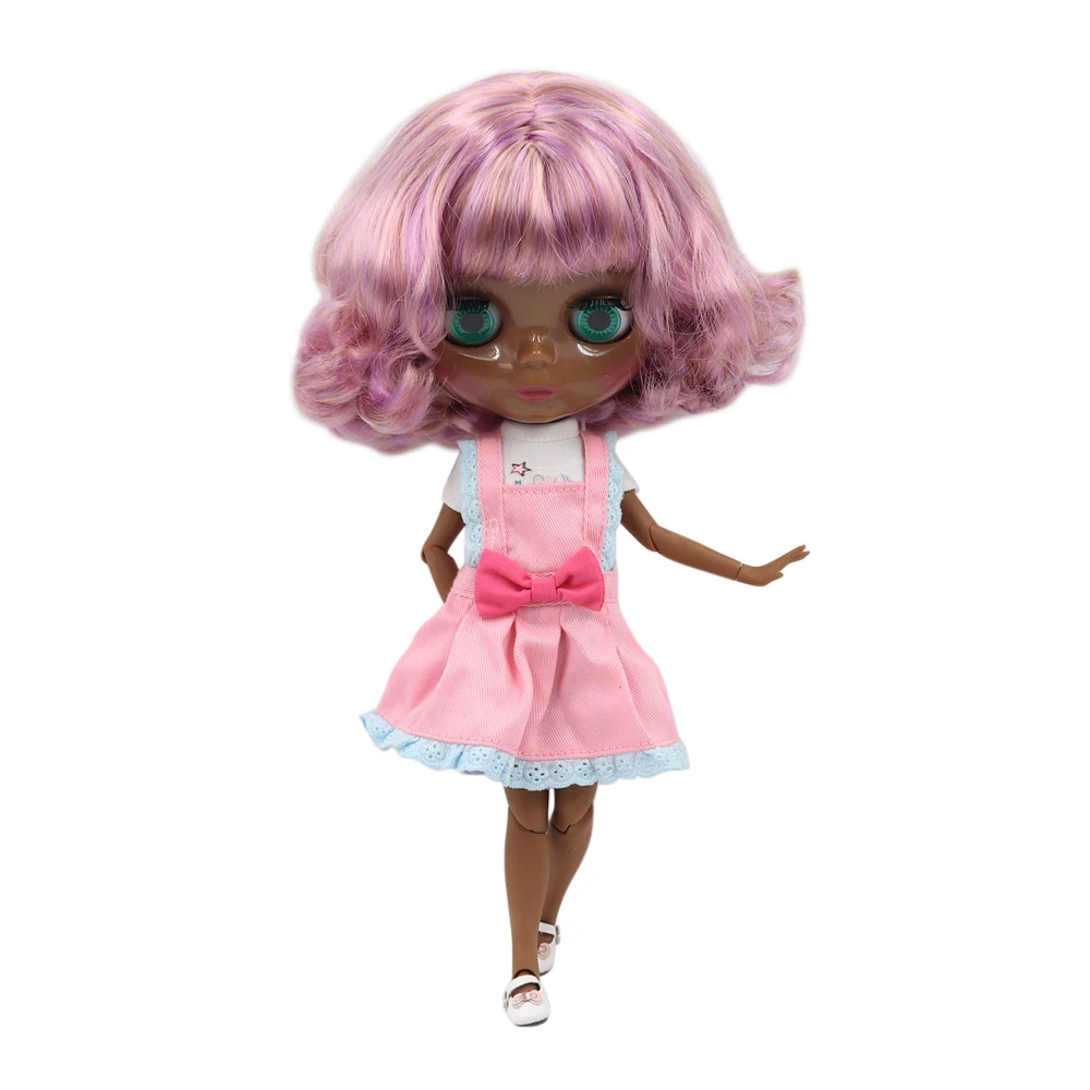 ICY DBS Blyth doll nude 1/6 BL2240/7216 joint body with super black skin and pink mixed curly hair glassy face
