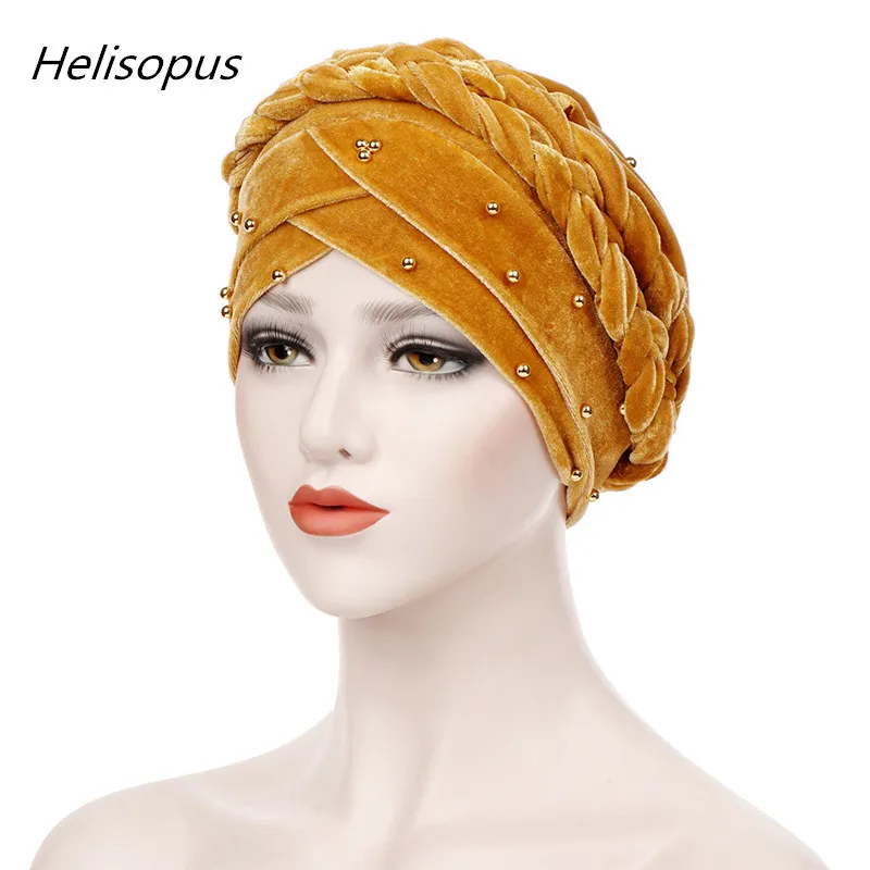 Helisopus Fashion Velvet Braid Beaded Turban Solid Color Head Wraps