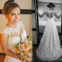 vestido de noiva 2015 Fashion Cap Sleeve A Line Appliques Lace Wedding Dresses With See Through Back Bridal Gown Casamento