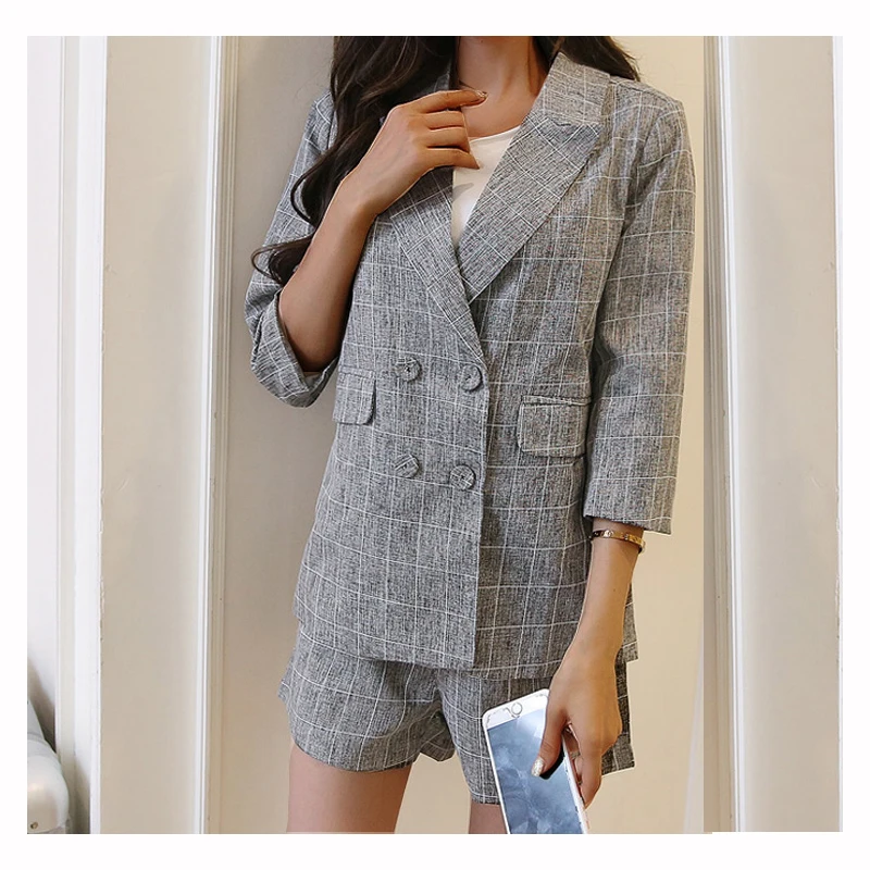 Summer Women Tracksuits Two Piece Set Women Outfits:Double-breasted Blazer+shorts Cotton Linen Gray Elegant Ladies Office Suits Summer Women Tracksuits Two Piece Set Women Outfits:Double-breasted Blazer+shorts Cotton Linen Gray Elegant Ladies Office Suits
