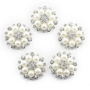 

5pcs Rhinestone and Pearl DIY Flower Embellishments Buttons (Beige+Silver)