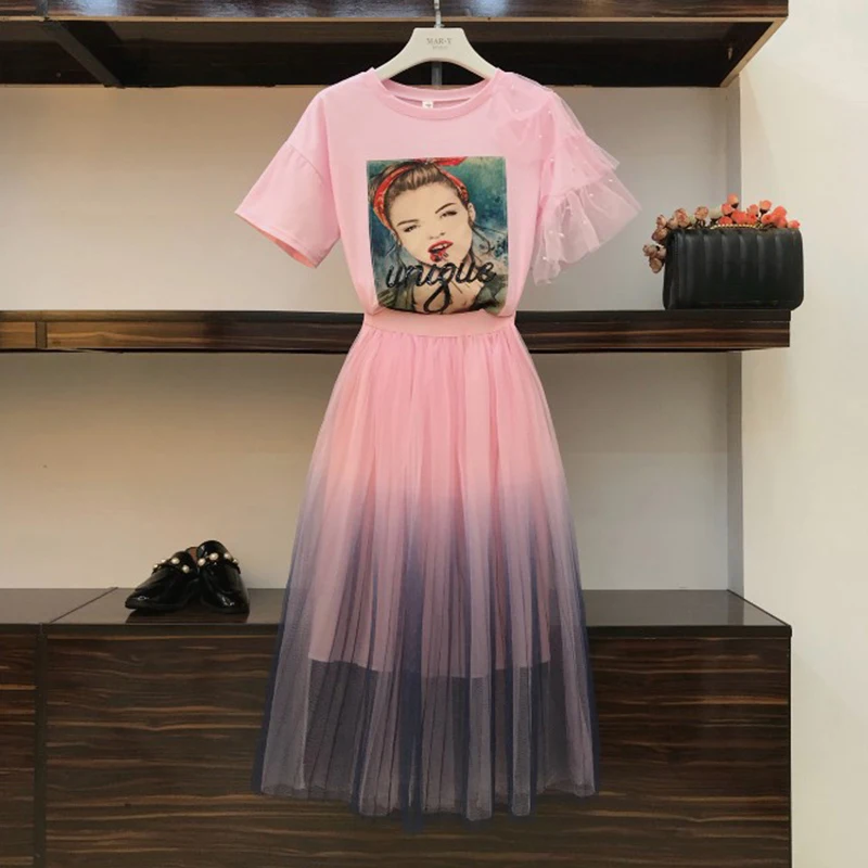 

High Quality Summer 2 Piece Set Women Girls Short-sleeved T-shirt + Fairy Gradient Gauze Skirt Two-piece Students Skirt Set Suit