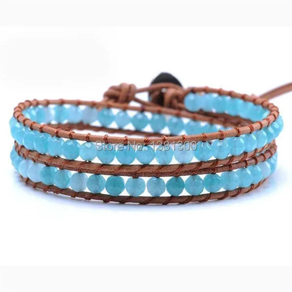 Fashion leather beads wrap bracelet 2 wraps Malay Jade leather wrap
