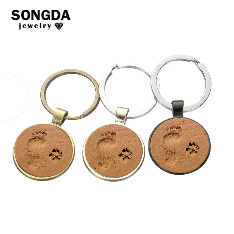 

SONGDA Cute People Little Foot Feet And Pet Cat Dog Beach Footprint Keychain Handmade Glass Pendant Metal Key Ring for Pet Lover