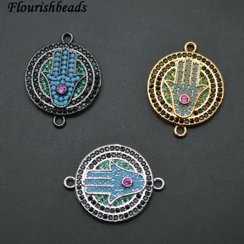 

Metal Hand Charms Paved Blue CZ Beads 18mm Round Tag Pendant Two Loops Jewelry Connectors fit Necklace Bracelets Making