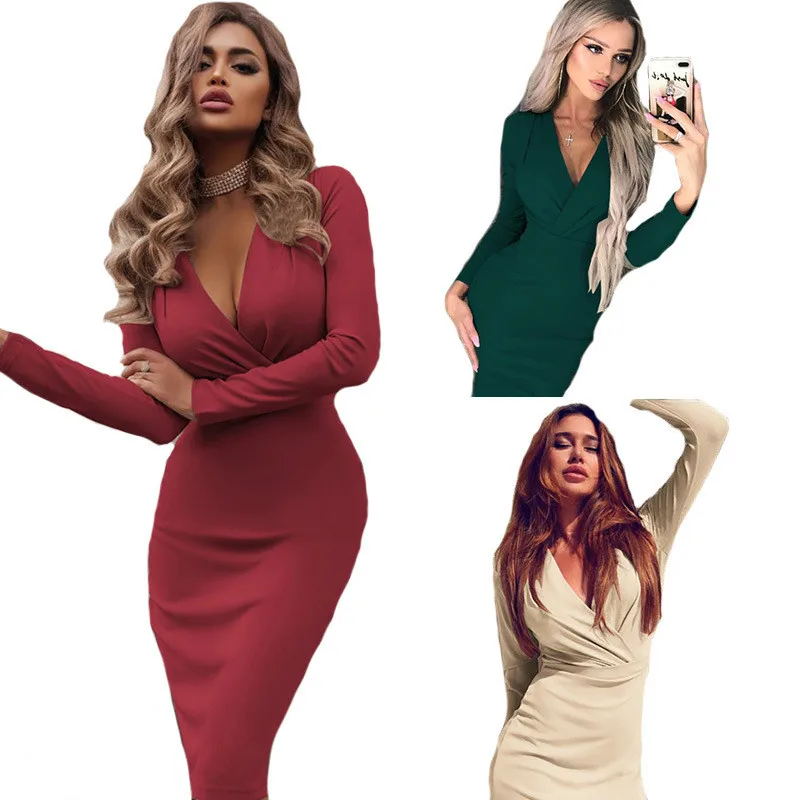 

CHUQING New Women's Dress Deep V Pleated Bag Hip Spring Autumn Long Sleeve Sexy Slim Dress
