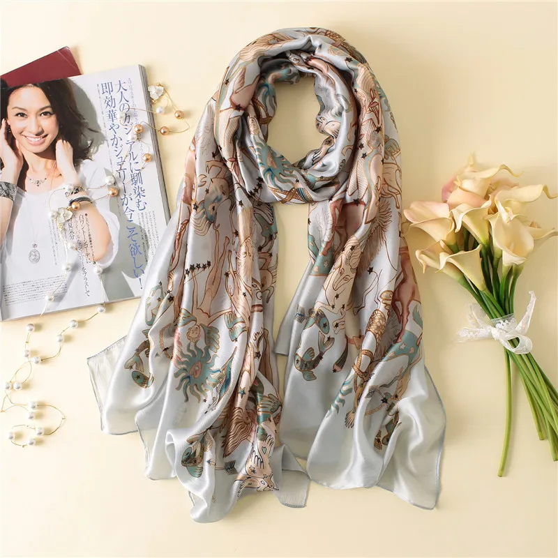 fashion women silk scarves female chiffon wrap ladies classic floral shawl Sunscreen Beach Scarf foulard pareo muffler bandanna