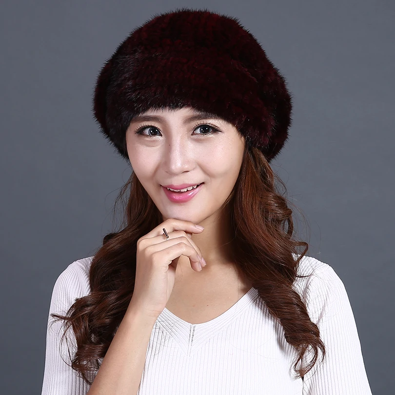 

2016 Fashion Hats For Women Genuine Mink Fur Hat Knitted Winter Fur Hats Ladies Elegant Mink Beret Cap Trendy Warm Thick Beanies