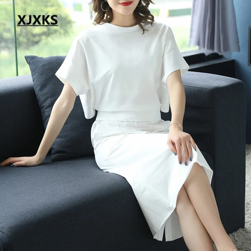 

XJXKS Women's summer two-piece set 2019 new solid color all-match casual short-sleeved top + elastic waist step skirt