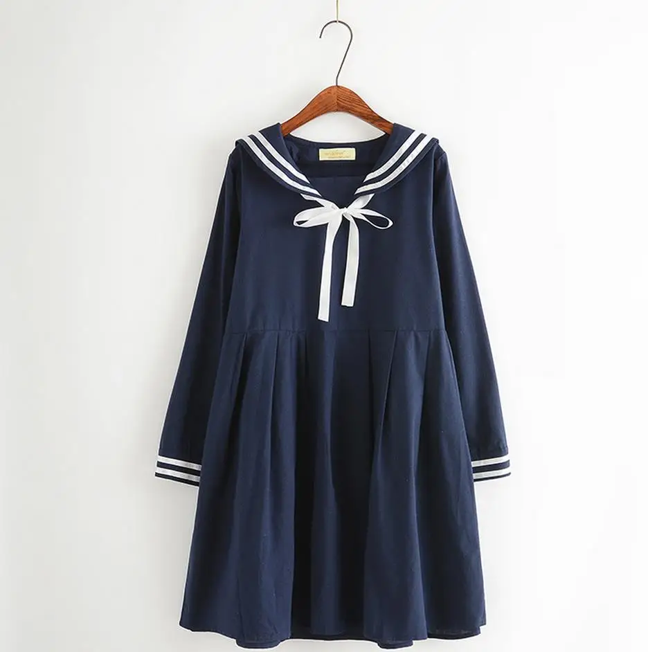 

Summer Girl Cartoon Blue White Sailor Collar Dresses School Uniform Girls Preppy Cute Tie Short Sleeve Casual Dress