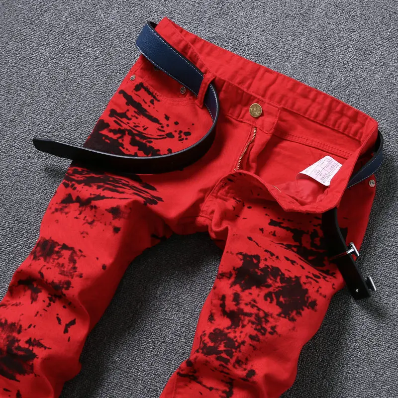 UMMEWALO Печатные Джинсы мужские повседневные узкие прямые цветные джинсы дизайнерские красные штаны Для мужчин s бренд чернил штаны с принтом джинсы Hombre