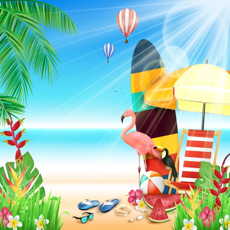 Laeacco Tropical Sunny Beach Flamingo Hot Air Balloon Baby Cartoon Photography Backdrops Photographic Backgrounds Photo Studio