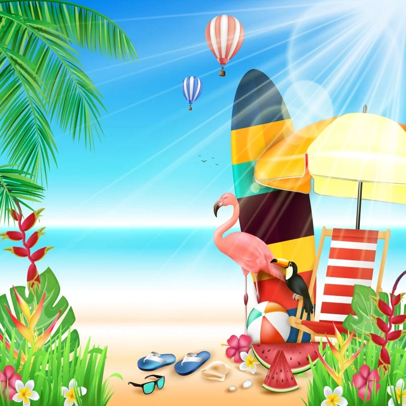 Zhy 5X7FT Sea Sandbeach Background Cartoon Summer Vacation Theme Party Photography Backdrop Starfish Tropical Coconut Trees Hot Air Balloons Steamship Photoshooting Studio Props 068 