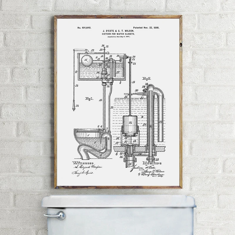 Бачок для туалета, запатентованный винтажный рисунок, плакат и принт, для ванной комнаты, для туалета, настенное искусство, холст, живопись, Декор, знак туалета, плакаты для туалета
