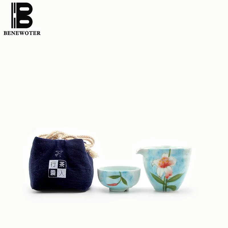 

Quick Cup,Longquan Celadon Ceramic Porcelain Handpainted Lily ( 1 Teapot + 1 Teacup ) + 1 Travel Bag Kit Coffee Tea Drinkware