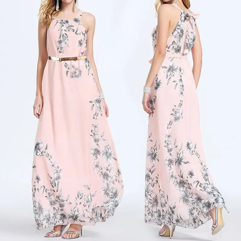 

Women Summer Boho Party Formal Dress Sleeveless Backless Belt Floral Print Straight Ankle-Length Dress Sundress With Belt