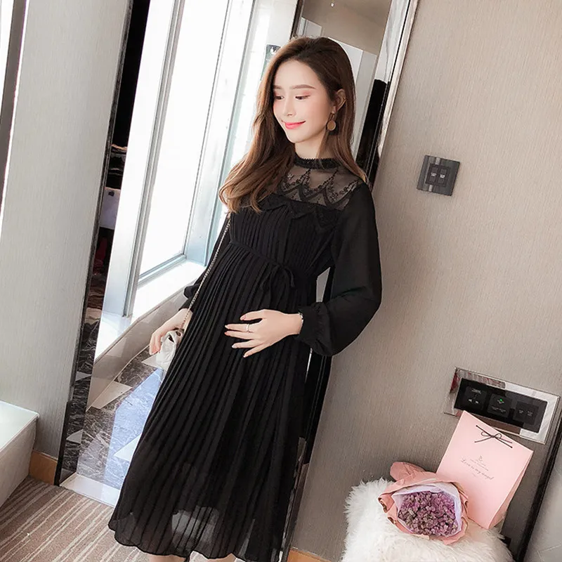 Весенние платья для беременных с длинными рукавами; шифоновая Одежда для беременных; Плиссированное модное платье для беременных женщин