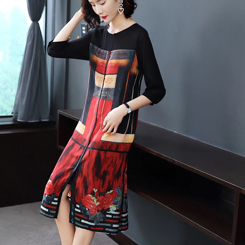 

2019 Plus Size Retro Style Print Round Neck Loose Women Middle Age Clothes Summer Casual Short Sleeve New Dress