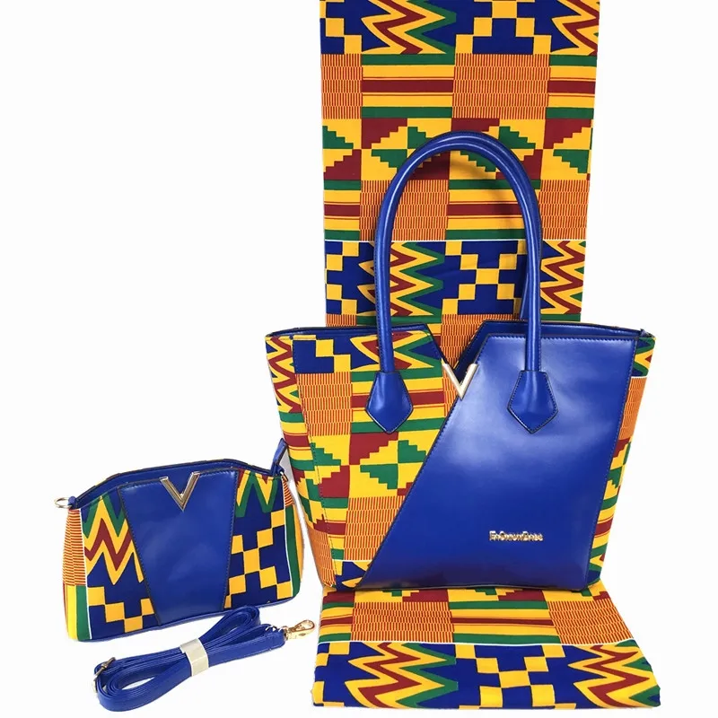 

2018 Party Purse Dutch Wax African Handbag Set With100%Cotton Wax Fabric 6 Yards 3Pieces/Set African Print Bag For Dress HF02121