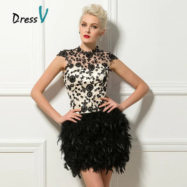 Dressv Black Short Feathers Cocktail Dresses Sexy Backless High Neck