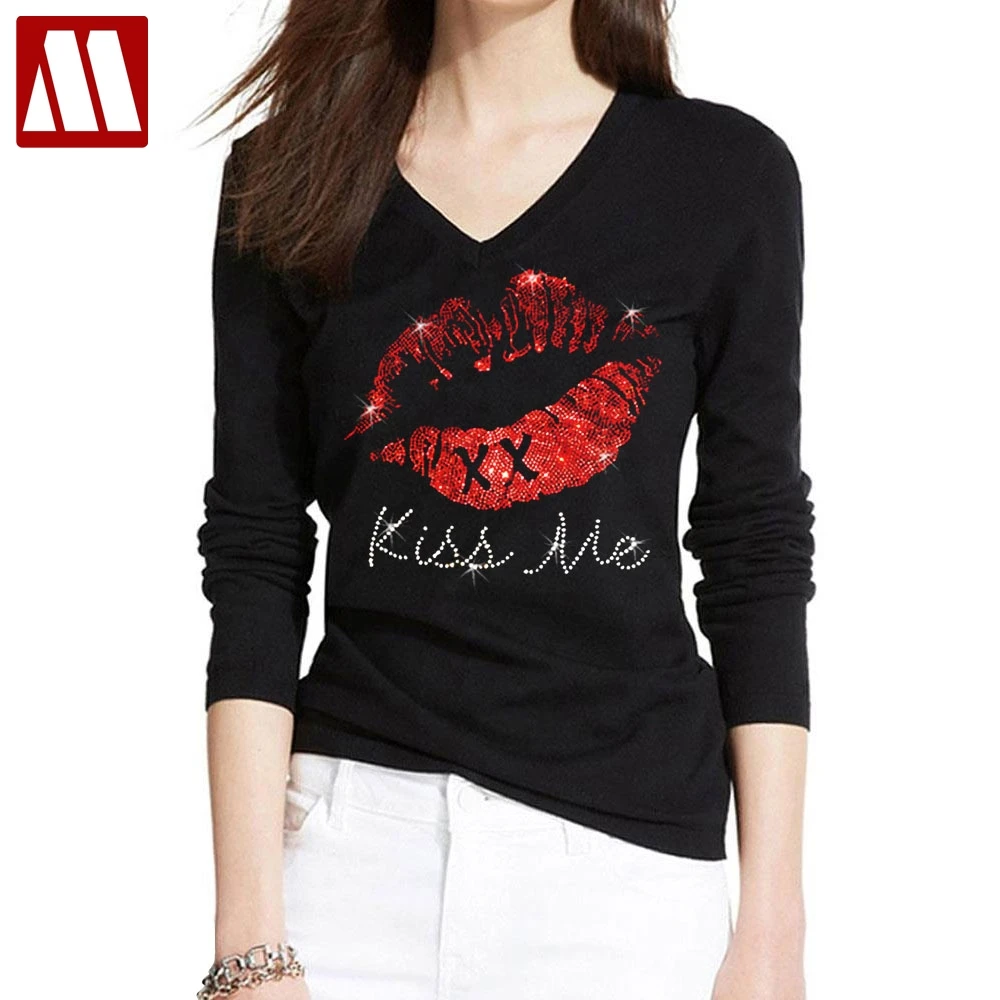 

New Summer Kiss Me Lips Diamonds T-shirt New Fashion Mouth Bling Letter Women Full Sleeve T shirts Ladies Clothes Cotton Tees