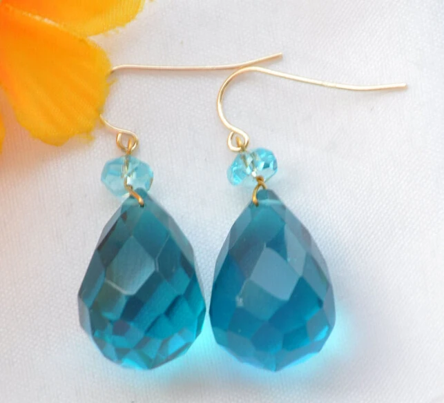 

WOW 24mm hand engraving blue crystal drip faceted dangle earring