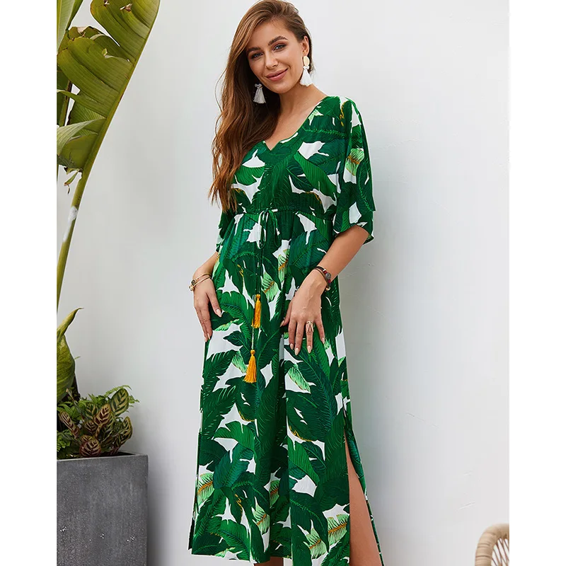 

Summer Women Sexy V Neck Printed Half Sleeve European Style High Split Dress Ladies Beach Slim Casual Holiday Maxi Dress SJ3139E