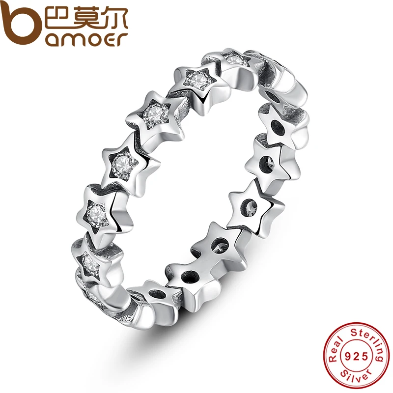 font b BAMOER b font Sparkling 925 Sterling Silver Starshine Star Finger Ring with Clear
