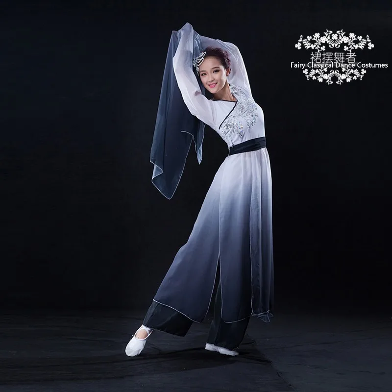 chinese long sleeves dance costumes black and white gradient color water sleeves Poetry ink Classical dance fairy costume