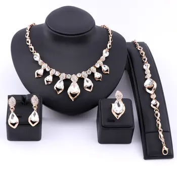 

Wedding Dress Costume Women Party Gold Color African Beads Jewelry Sets Crystal Clear Gem Necklace Bracelet Earrings Ring