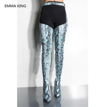

New Snake Prints Women Over The Knee Belt Boots Pointed Toe Sexy High Heels Runway Trendy Shoes Woman High Waist Thigh High Boot