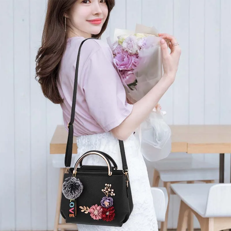 Women Flower Leather Handbag Holiday Female Pompom Clutch Bags Lady Travel Casual Shoulder Bag Exquisite Crossbody SS7001 (20)