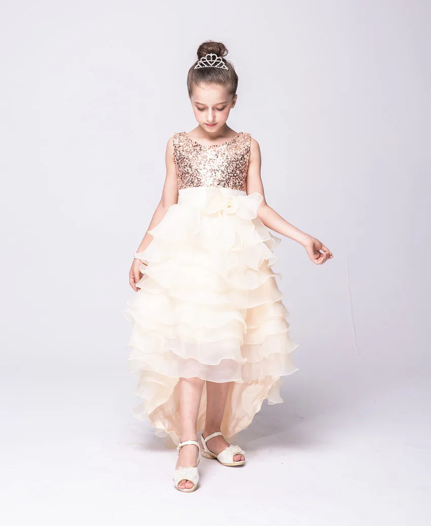 Moda de tul en capas dobladillo para niños largos de lentejuelas asimétrica lavender red champagne flor niñas vestidos de novia