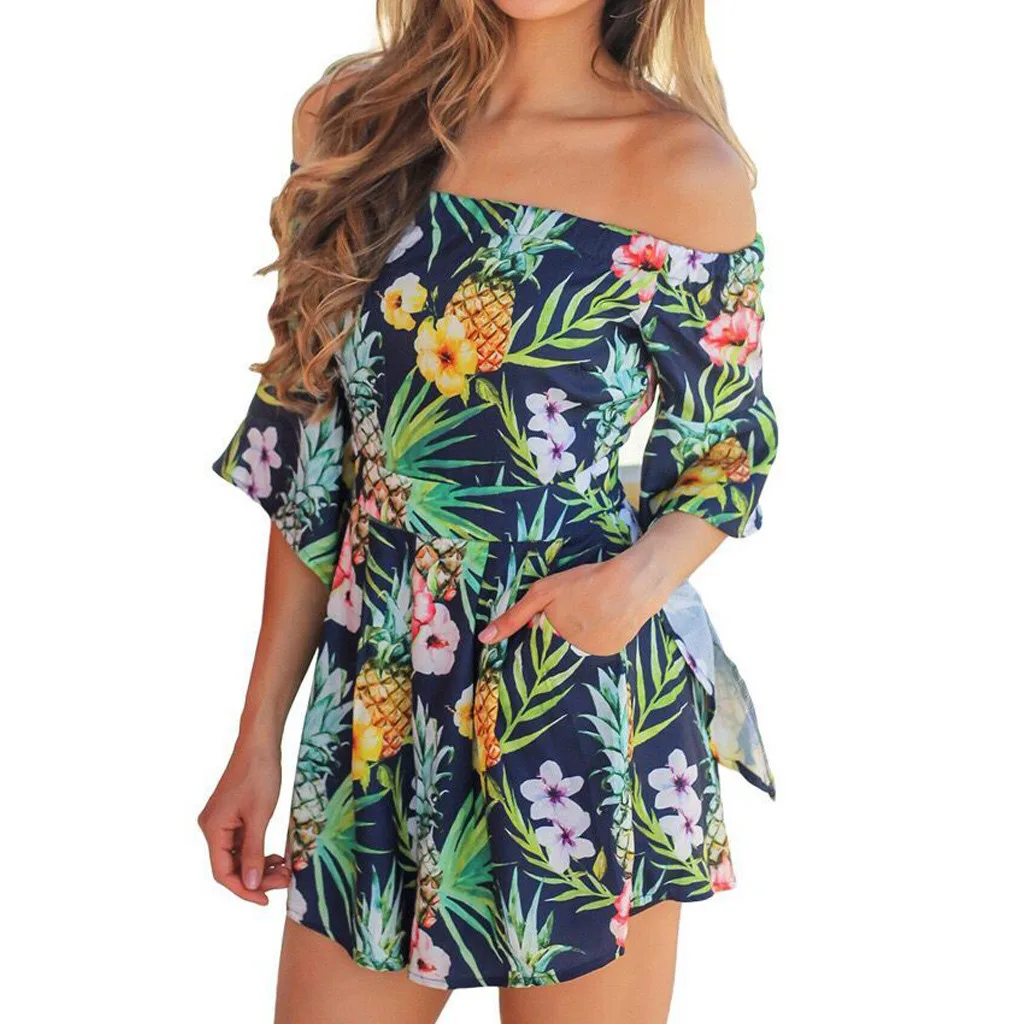 

Ladies Jumpsuit Summer 2019 Fashion Women Slash Neck Half Sleeve Flower Print Short jumpsuits Knee-Length jumpsuits L322